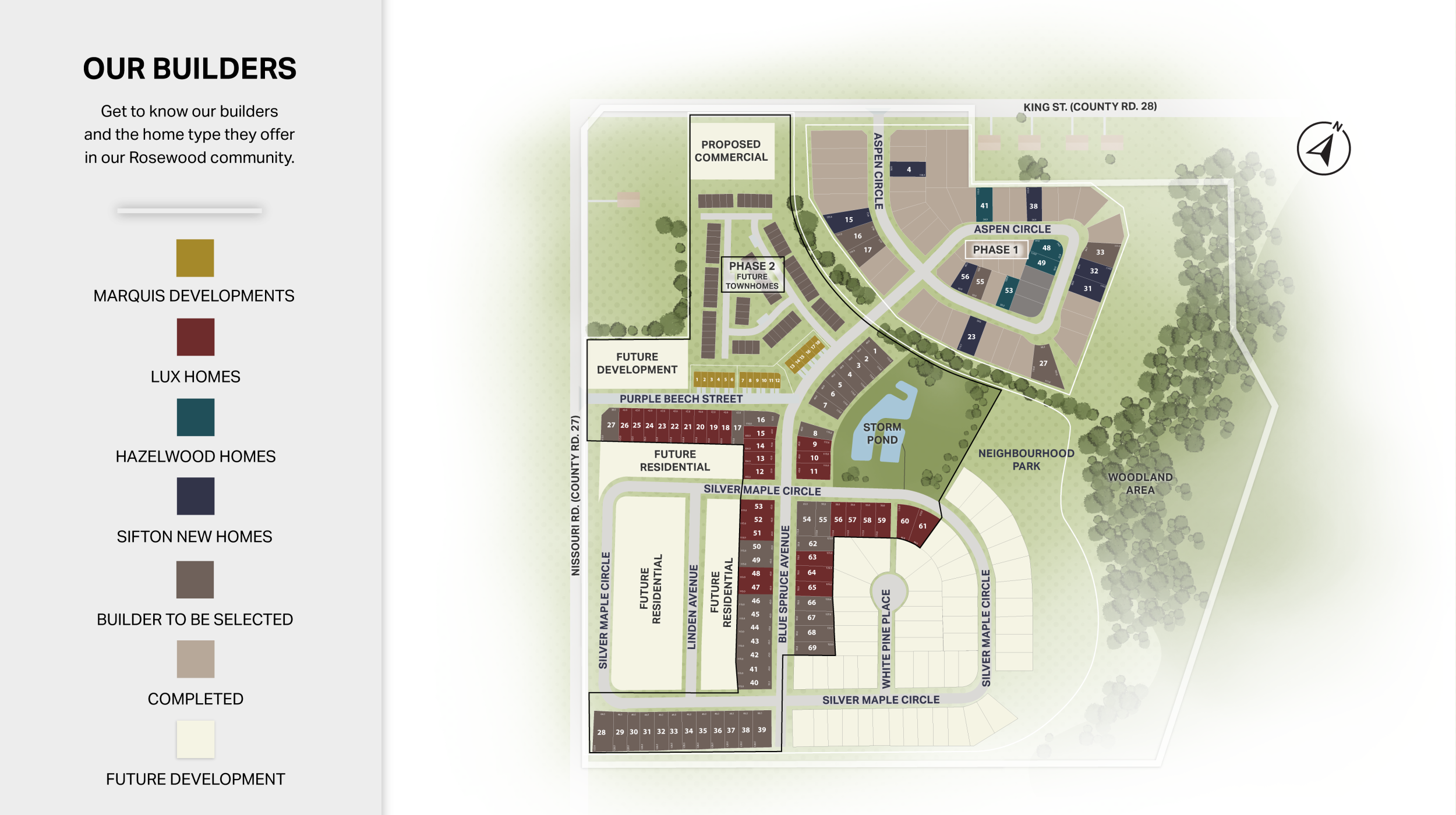 Rosewood community site plan showing streets, lots, neighbourhood park, woodland area and future townhomes